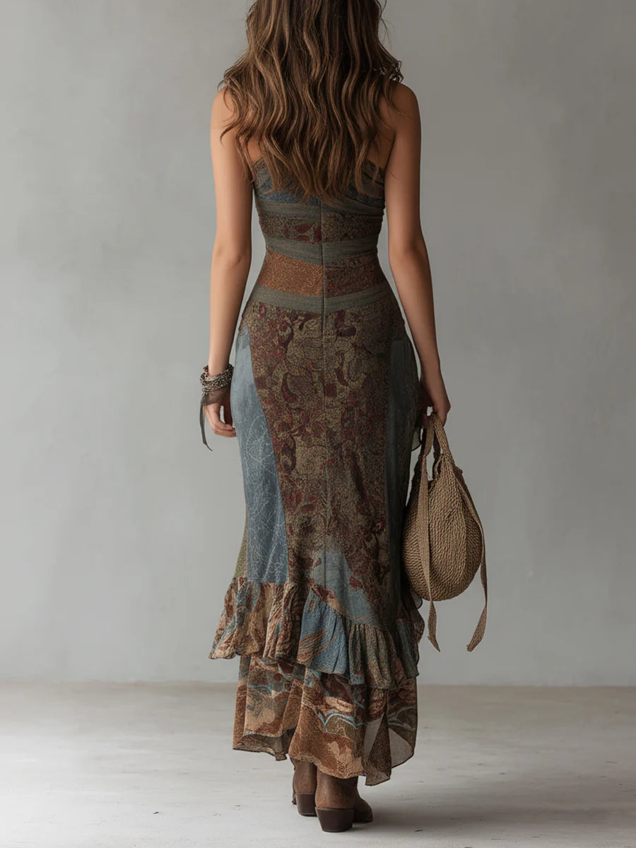 Elena – Asymmetrical Maxi Dress with Ethnic Print