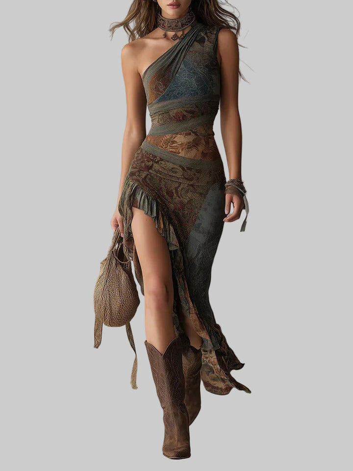 Elena – Asymmetrical Maxi Dress with Ethnic Print