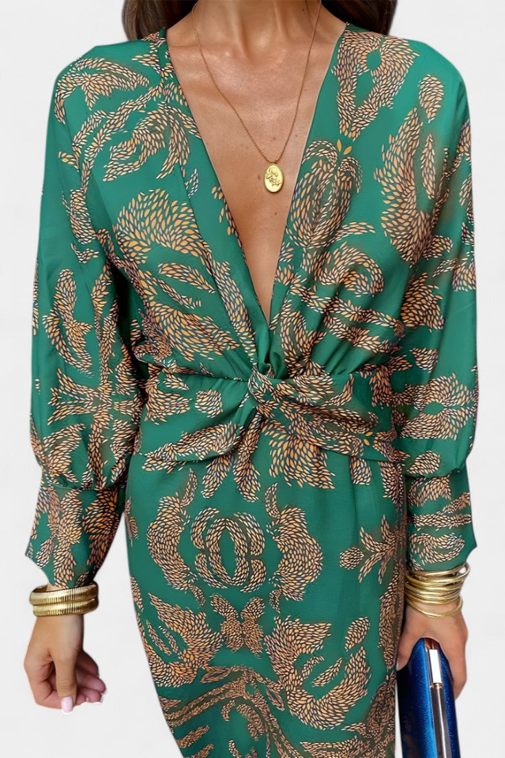 Ema - V-Neck Maxi Dress with Front Knot