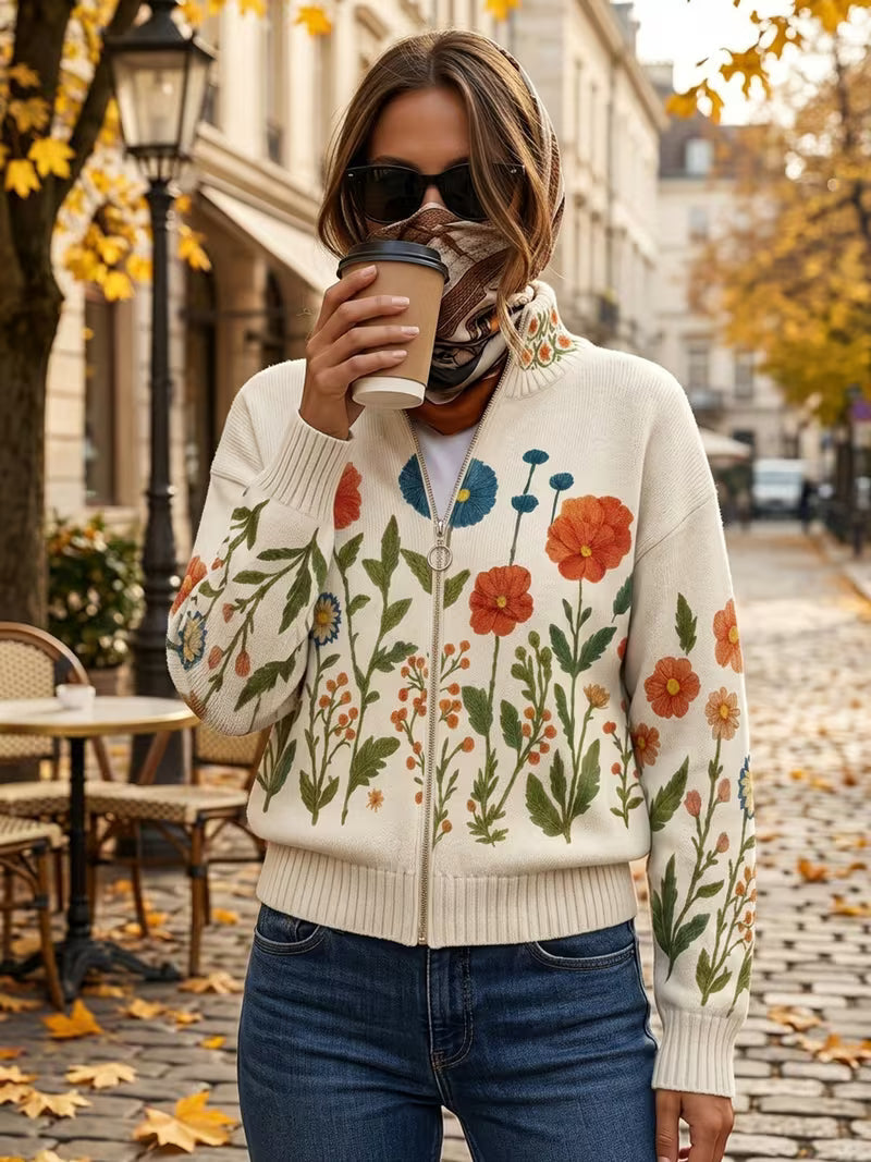 Juniper | Zip-Up Cardigan with Wildflower Motif