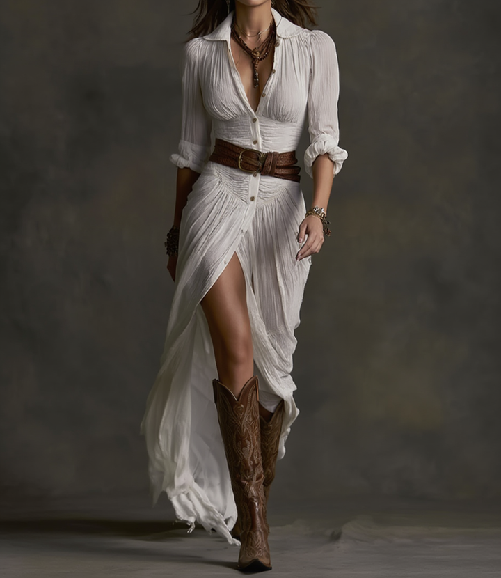 Aurore | Long Linen Dress with Statement Collar