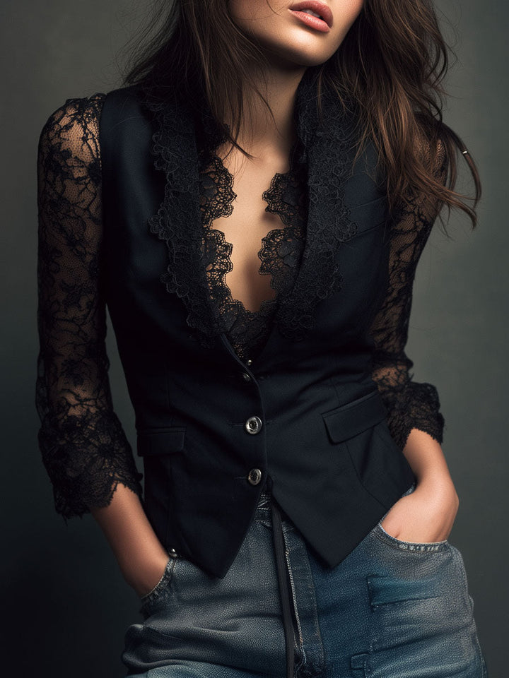 Noémie | Black High Blazer with Sheer Sleeves