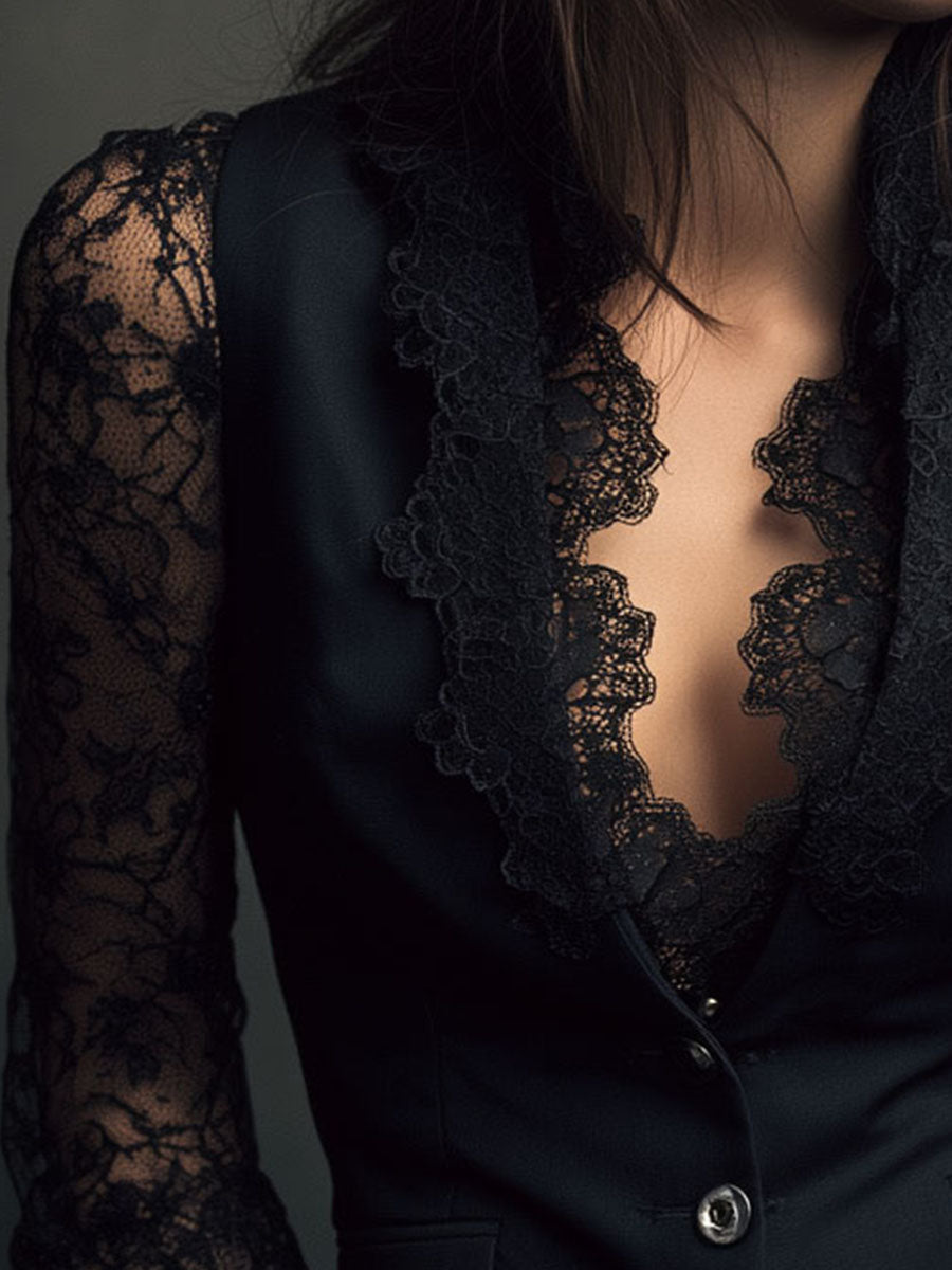 Noémie | Black High Blazer with Sheer Sleeves