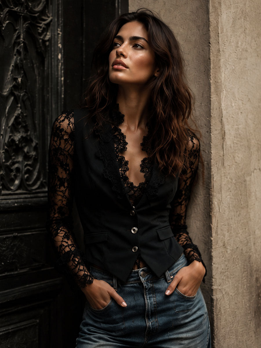 Noémie | Black High Blazer with Sheer Sleeves