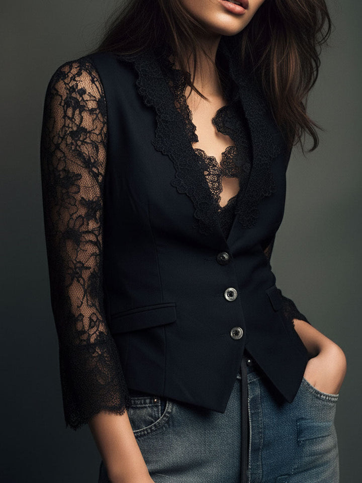 Noémie | Black High Blazer with Sheer Sleeves