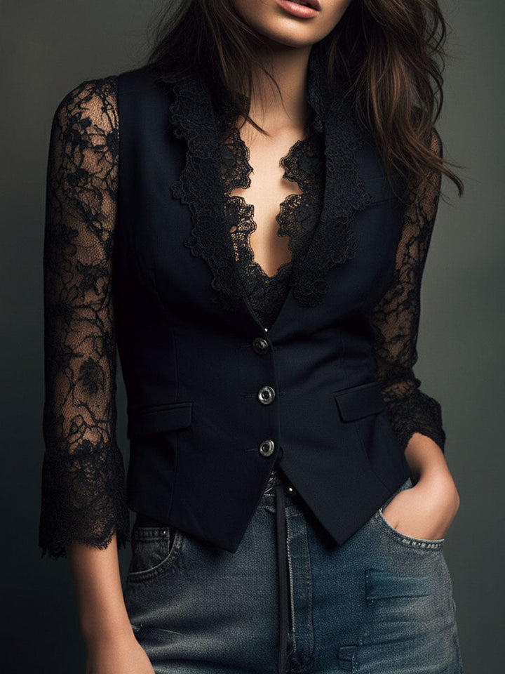 Noémie | Black High Blazer with Sheer Sleeves