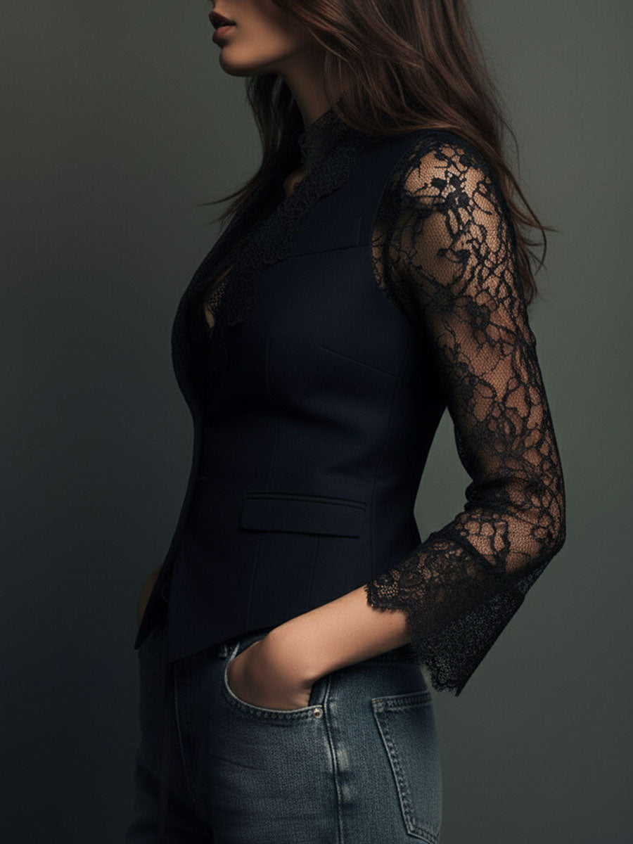 Noémie | Black High Blazer with Sheer Sleeves