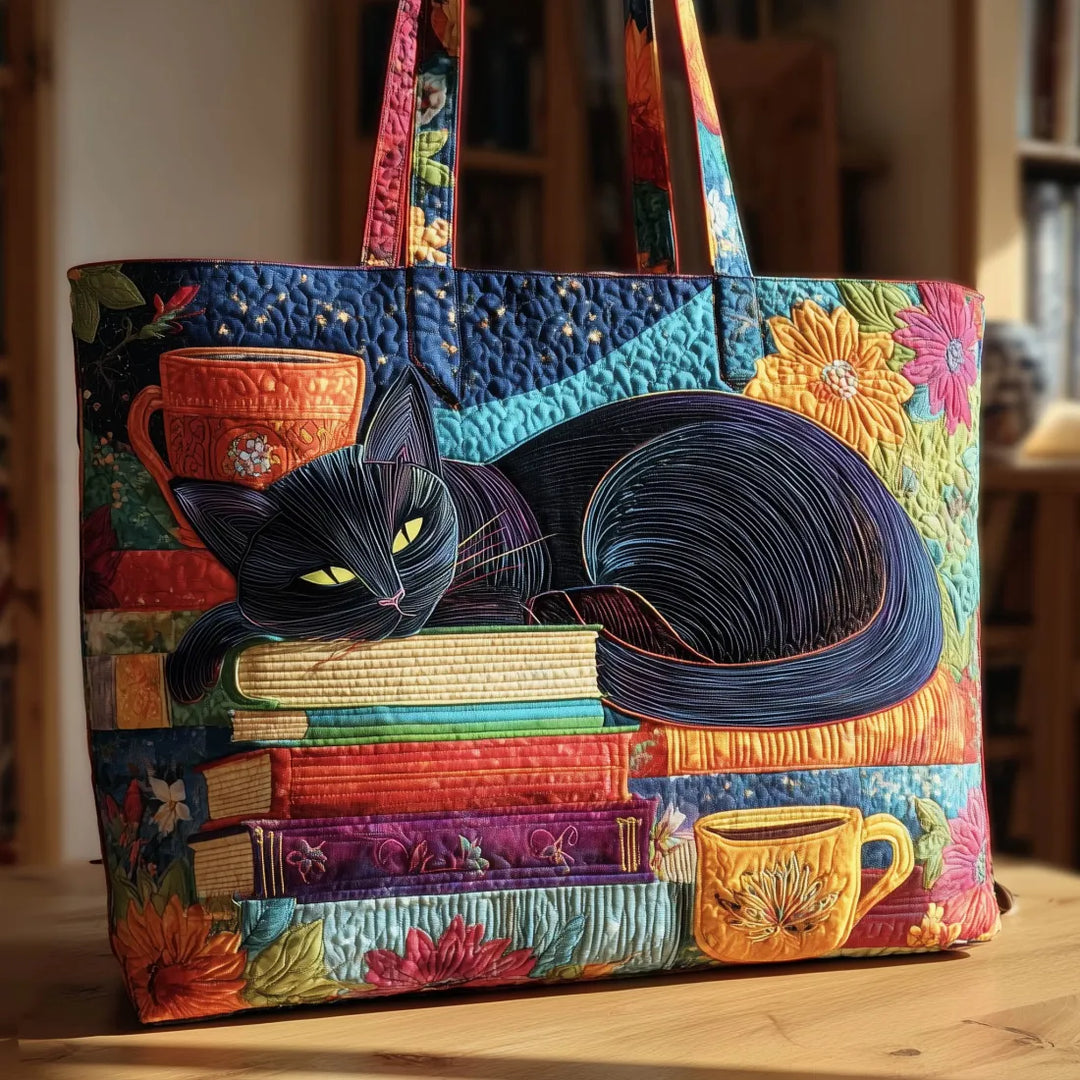 Artisan Fabric Bag - Black Cat with Books and Mugs