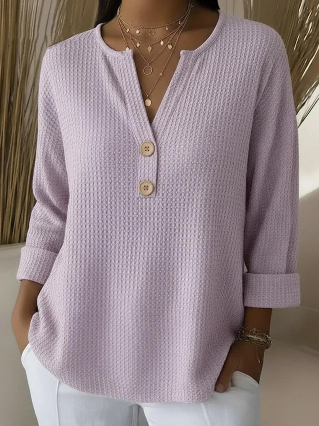 Lousia | Waffle Textured Henley T-Shirt with Buttons