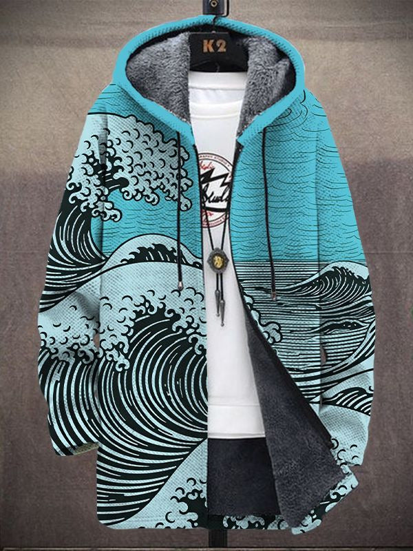 Greet | Hooded Cardigan with Wave Print