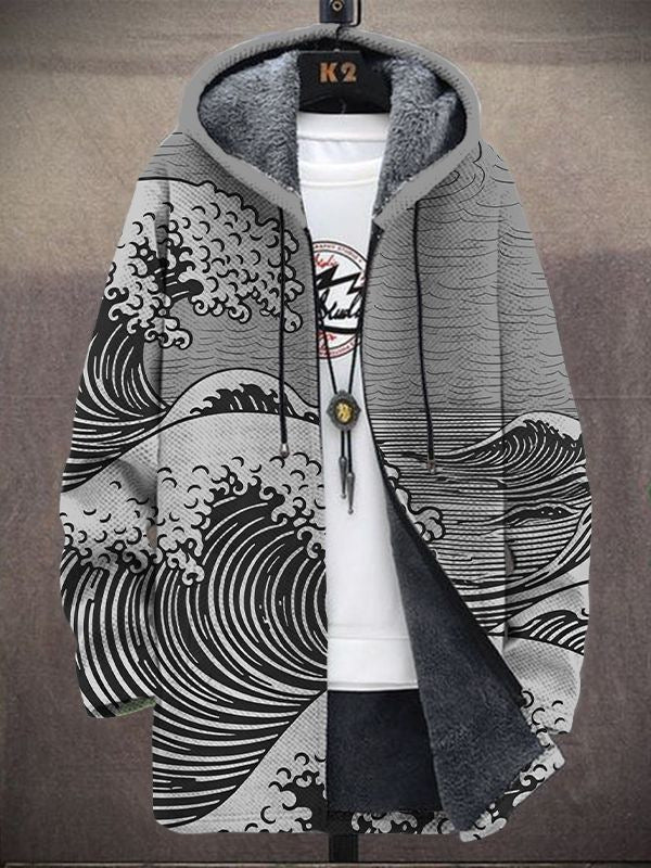 Greet | Hooded Cardigan with Wave Print