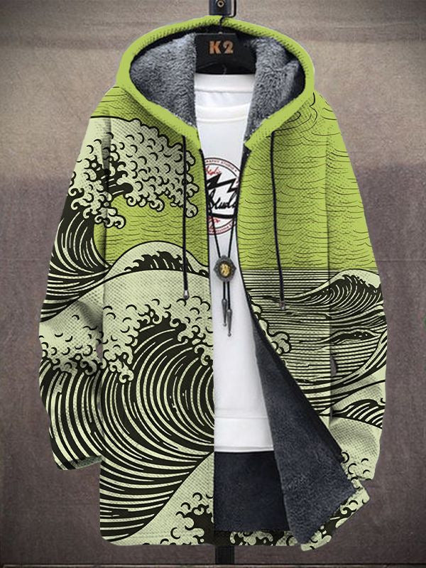 Greet | Hooded Cardigan with Wave Print
