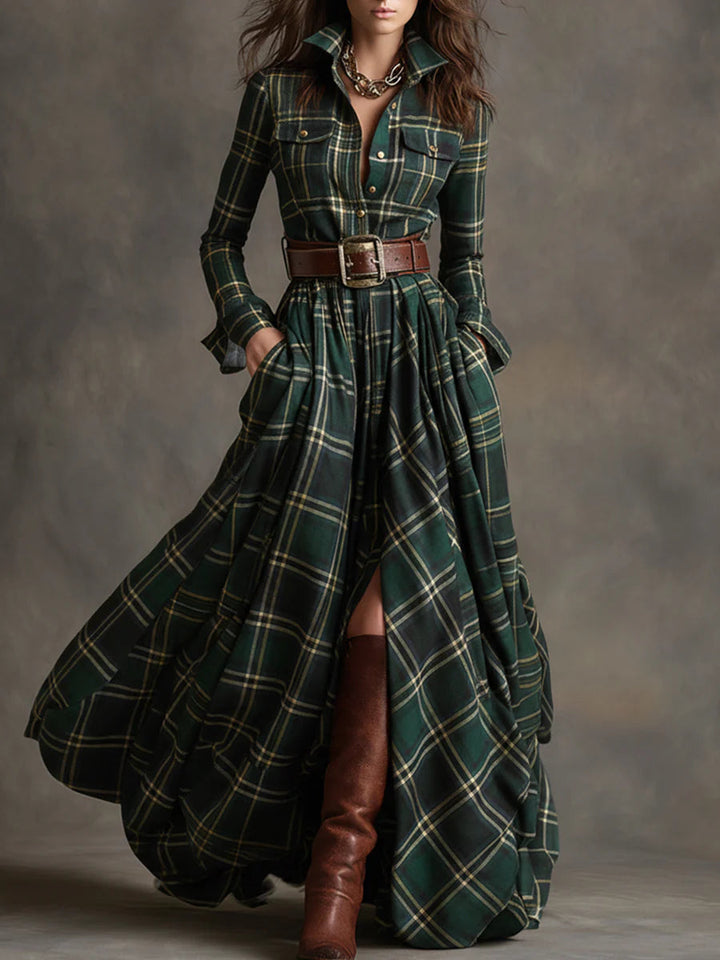 Béatrice | Long Checked Dress with Belt