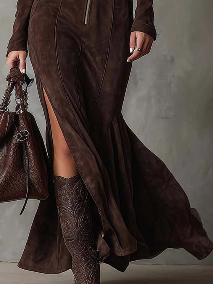 Marceline | Brown Long Belted Dress