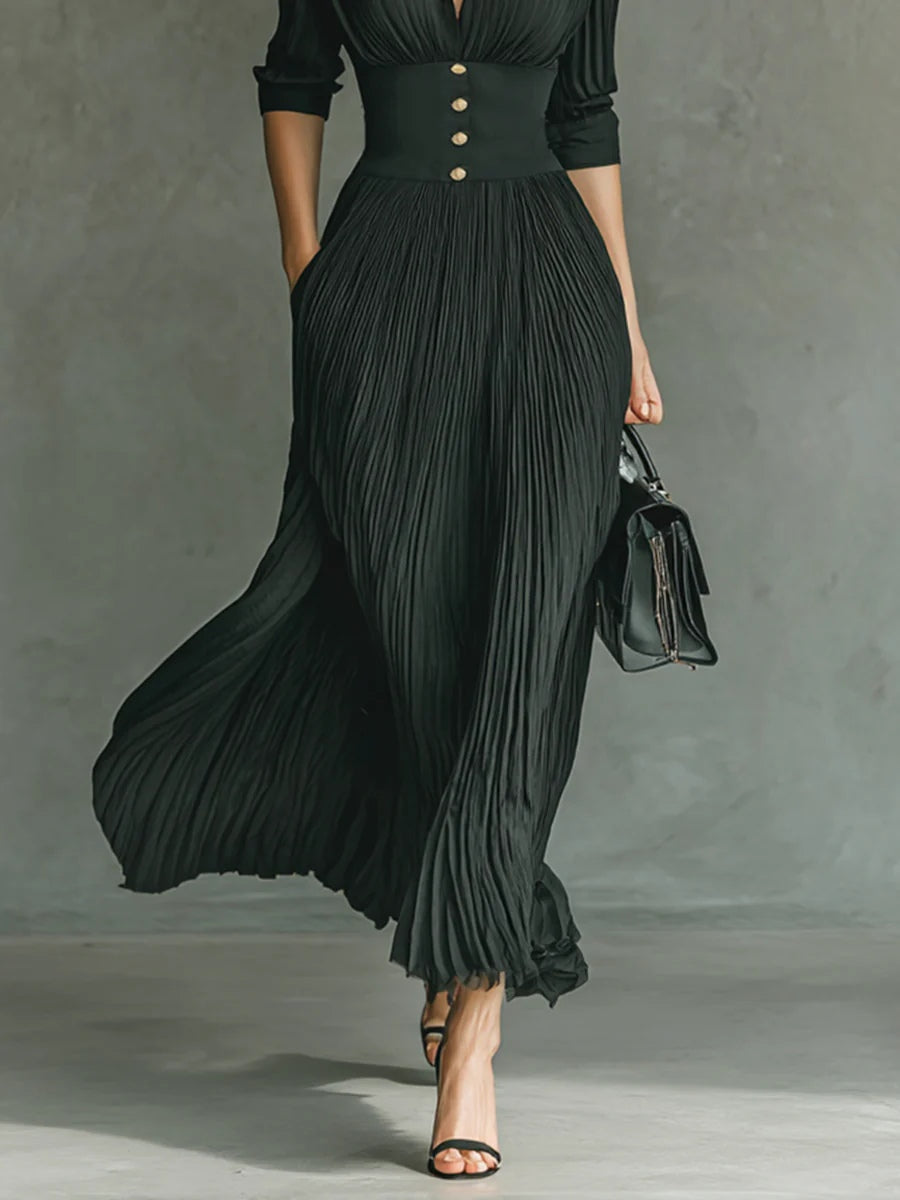 Elvire | High-Waisted Pleated Dress with Lapels