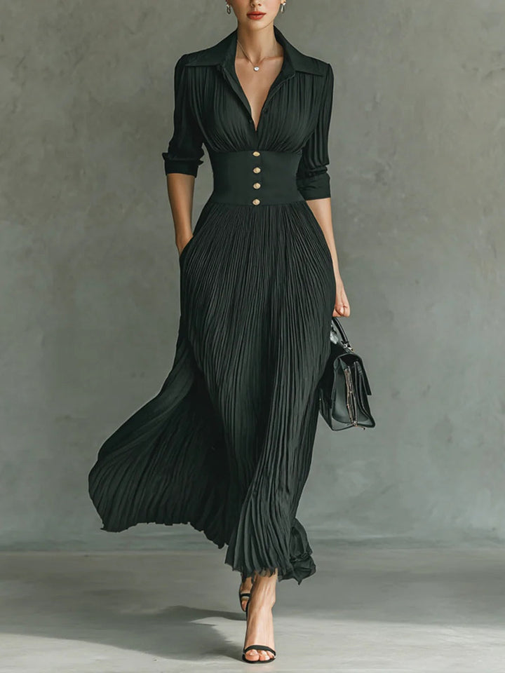 Elvire | High-Waisted Pleated Dress with Lapels