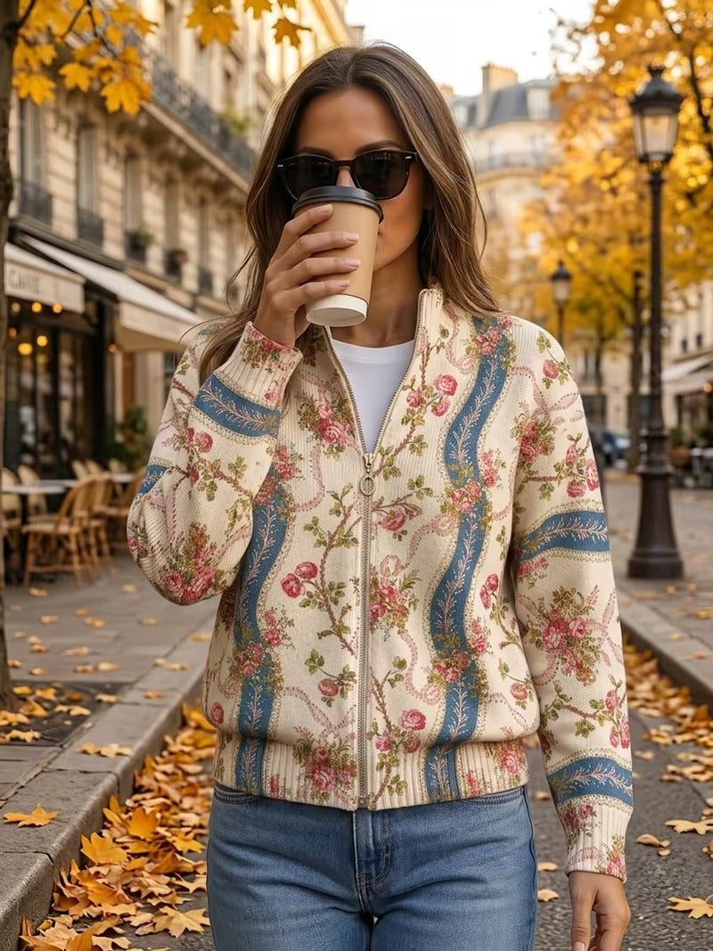 Rosalind | Wool Cardigan with Climbing Roses Design