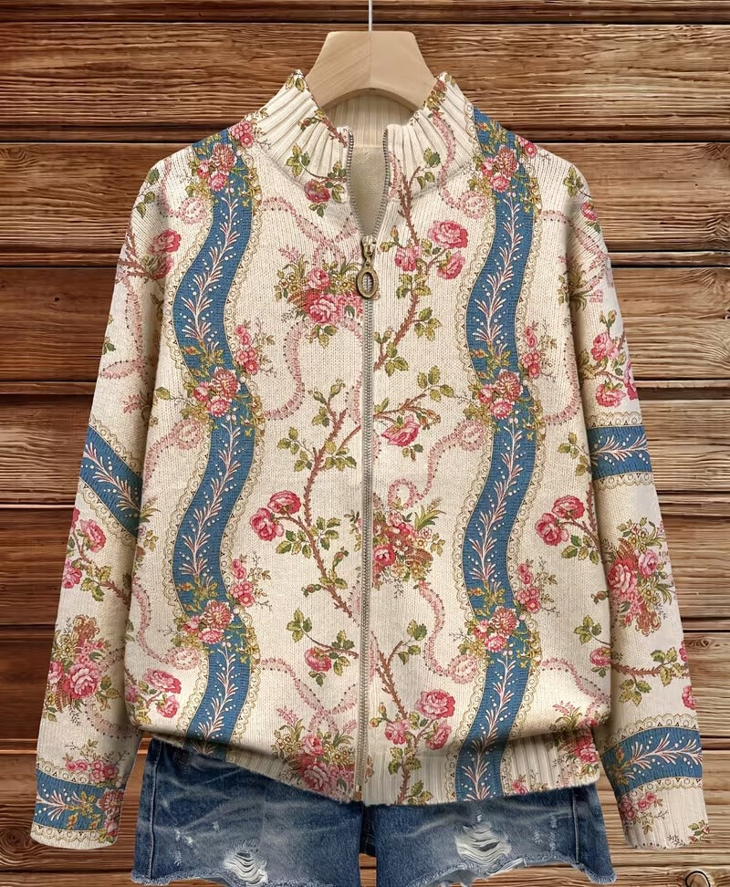 Rosalind | Wool Cardigan with Climbing Roses Design