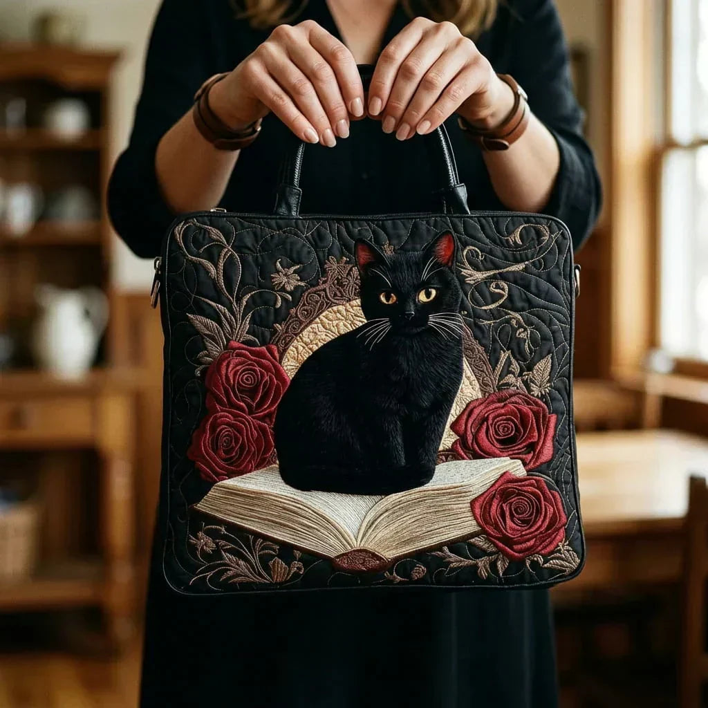 Quilted Black Bag with Cat on Books Design
