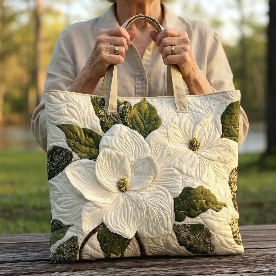 Quilted Artisan Tote Bag - Elegant White Lilies