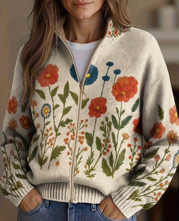 Juniper | Zip-Up Cardigan with Wildflower Motif